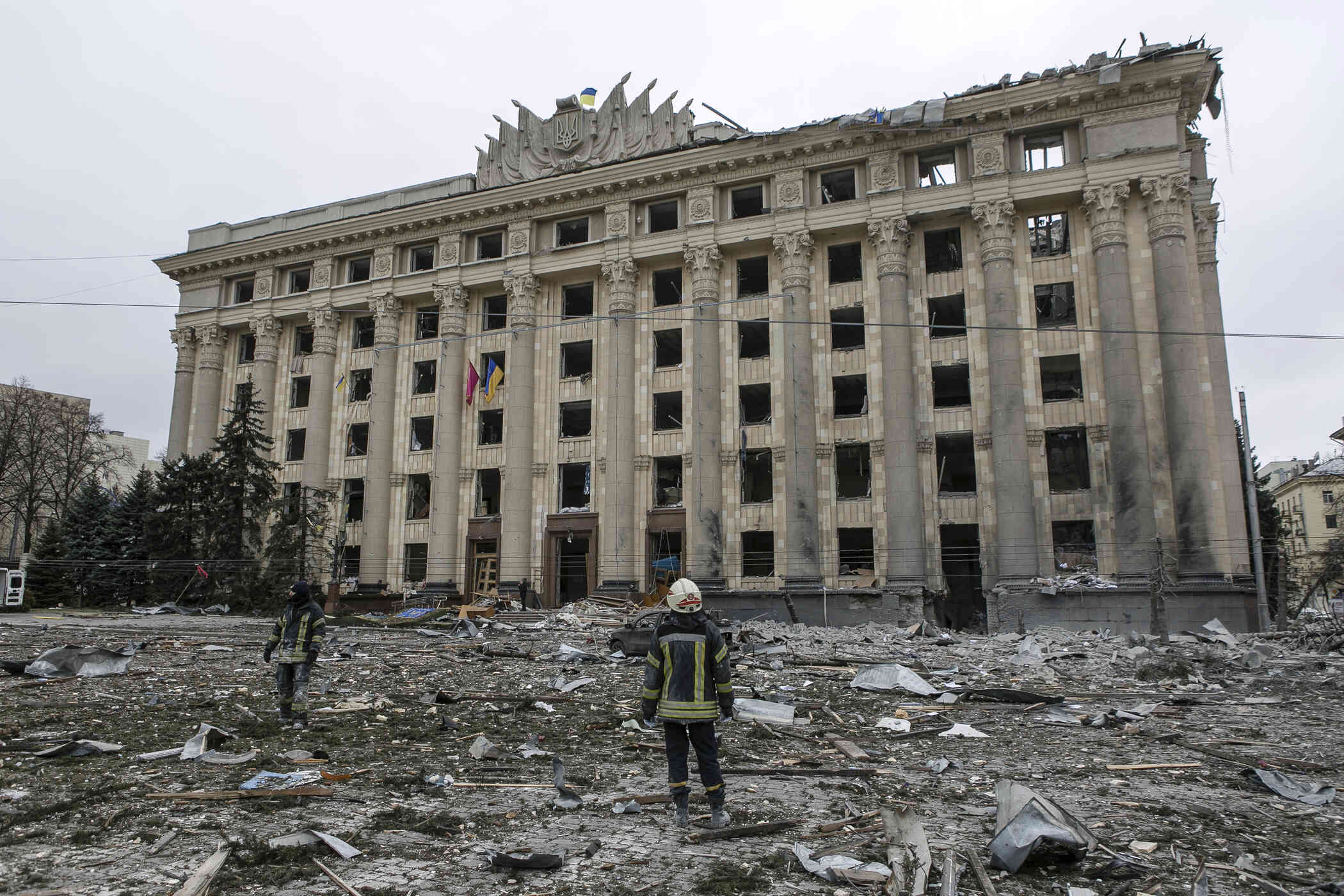 Government administration building damaged by guided munition.